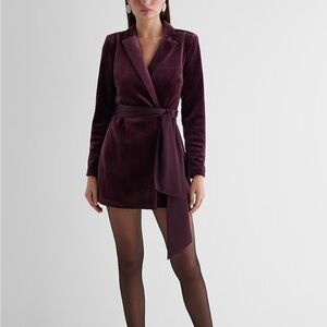 Velvet Long Sleeve Open Back Tie Waist Blazer Romper